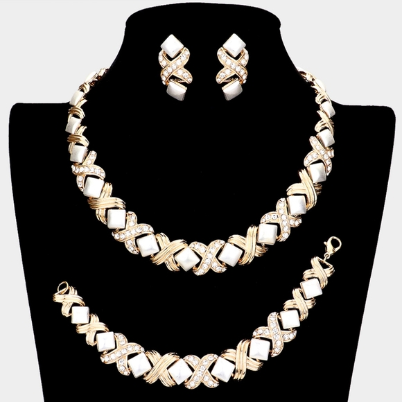 Two Tone 3 Piece XO Crystal Necklace Jewelry Set Rhinestone Statement Chain XOXO - Picture 1 of 5